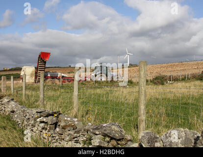 Potatoes being harvested by machine in County Down, Northern Ireland on an autumn afternoon with blue sky and a white wind turbine in the background.. Stock Photo