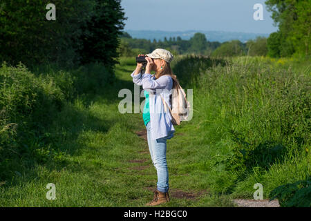 Woman birdwatching, Shapwick Heath and Ham Wall National Nature Reserves, part of Avalon Marshes, Somerset Levels, England, UK Stock Photo