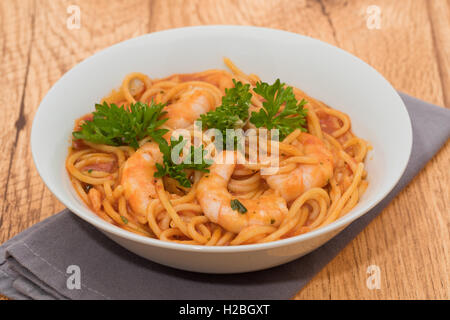Prawns in spaghetti with tomato sauce Stock Photo