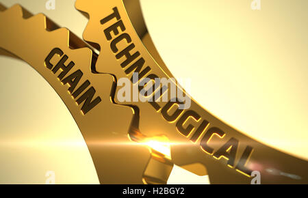 Technological Chain Concept. Golden Metallic Cog Gears. 3D. Stock Photo