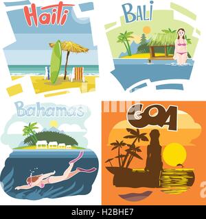 Digital vector touristic vacation destination set, Haiti, Bahamas, Bali and Goa, girl surfing and diving, sunset, flat style. Stock Vector