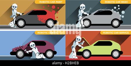 Digital vector silver happy robot set at autoservice fixing cars, painting and washing, flat style Stock Vector