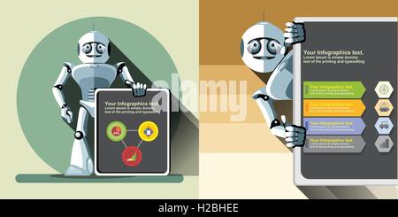Digital vector silver happy robot presenting infographic with charts, flat style Stock Vector
