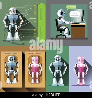 Digital vector silver and pink happy male and female robot set, working on computer, ready for sale in package, flat style Stock Vector