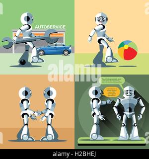 Digital vector silver happy robot set at autoservice, playing with ball, shaking hand and talking to another robot, flat style Stock Vector