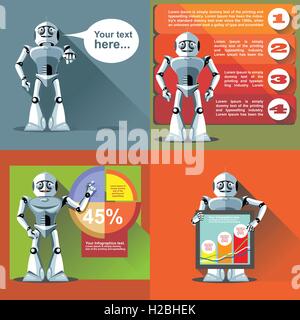 Digital vector silver happy robot presenting infographic with charts, flat style Stock Vector