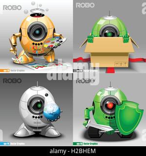Digital vector robo set, painter, delivery, projector, warrior, orange, green and silver eye borg, 3d style Stock Vector