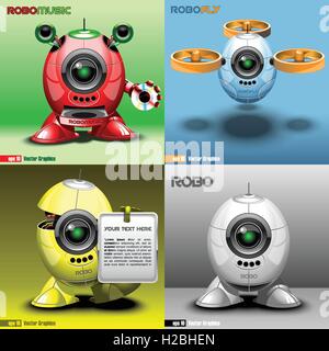 Digital vector robo set, music, fly, red, blue, yellow and silver eye borg, 3d style Stock Vector