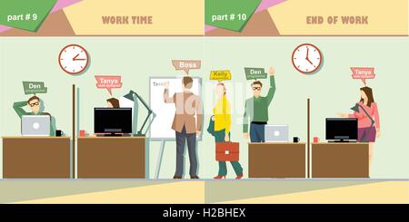 Digital vector company work time and end of work icon set, boss, secretary, web designer, accountant and programmer, flat style Stock Vector