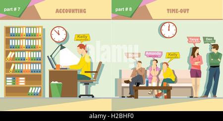 Digital vector company accounting and time out icon set, boss, secretary, web designer, accountant and programmer, flat style Stock Vector