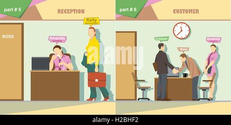 Digital vector company reception and talking to a customer icon set, boss, secretary and accountant, flat style Stock Vector
