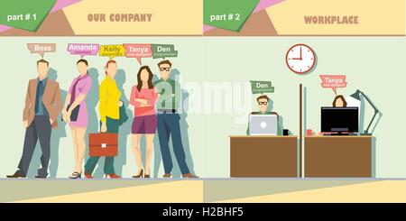 Digital vector company team members and workplace icon set, boss, secretary, accountant, web designer and programmer, flat style Stock Vector