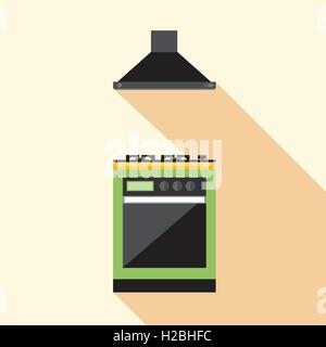 Digital vector picture green and orange kitchen hob set with ventilation, flat style Stock Vector