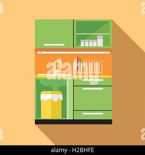 Digital vector picture green and orange kitchen set, flat style Stock Vector