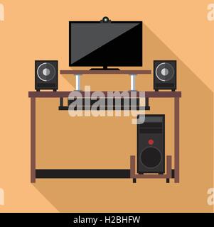 Digital vector pc computer with monitors and web camera set with furniture, flat style Stock Vector