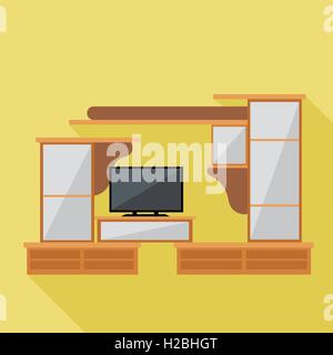 Digital vector brown cabinet furniture and tv set over yellow background isolated, flat style Stock Vector