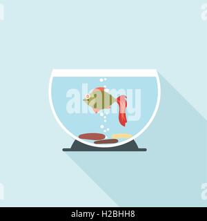 Digital vector fish in aquarium with oxygen bubbles over blue background, flat style Stock Vector