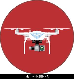Digital vector white drone with recording camera, in red circle, flat style Stock Vector