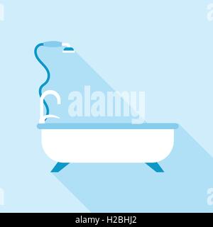 Digital vector bath with tap and shower spray in bathroom, flat style Stock Vector