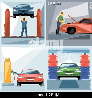 Digital vector blue, green and red auto service car icon set, mechanic fixing, washing and fueling, flat style. Stock Vector
