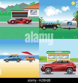 Digital vector red, blue, red and black auto car icon set, sport car on road, shop, sand and seaside, suv and racing. Stock Vector
