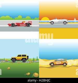 Digital vector red, orange and silver auto car icon set, sport car on road, shop, sun and seaside, suv and racing. Stock Vector