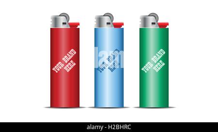 Digital vector cigarette lighter mockup, red, blue and green, realistic flat style, isolated and ready for your design and logo Stock Vector