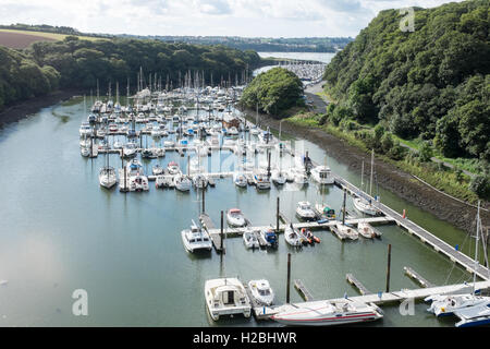 Boats moored on pontoon on River Cleddau at Neyland, Milford Haven Stock Photo