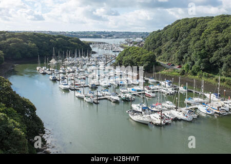 Boats moored on pontoon on River Cleddau at Neyland, Milford Haven Stock Photo