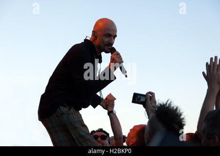 Tim Booth lead singer from the band James, crowd-surfing  during the OnBlackheath Music Festival 2016. Stock Photo