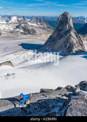 Chris Manning and on the West Ridge of Pigeon Spire in the Bugaboo Provincial Park Stock Photo