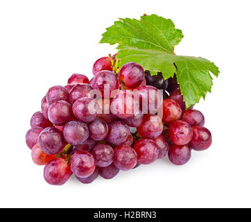 bunch of ripe red grapes with leaves isolated on  white background Stock Photo