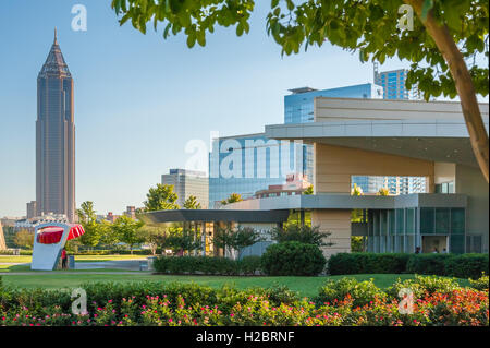 Downtown Atlanta, Georgia, view of the World of Coca-Cola museum with Bank of America Plaza, W Hotel and Emory University Hospital. (USA) Stock Photo