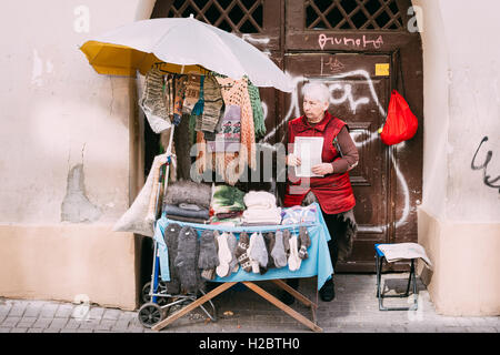 Vilnius, Lithuania - July 09, 2016: The Elderly Senior Woman With A Newspaper, The Street Vendor Of Woolen Hand Made Knitwear An Stock Photo