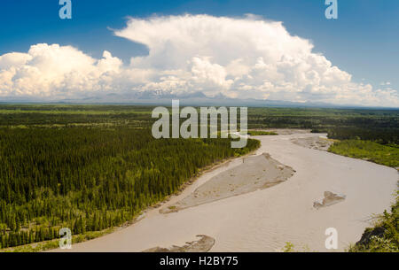 View of the Copper River (foreground) and the Wrangell Mountains, just south of Glenallen, Alaska, along the Richardson Highway. Stock Photo