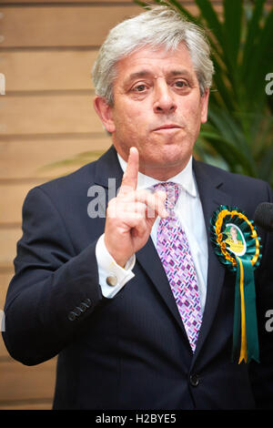 John Bercow (L) speaks after winning the Buckingham constituency in the 2015 general election Stock Photo