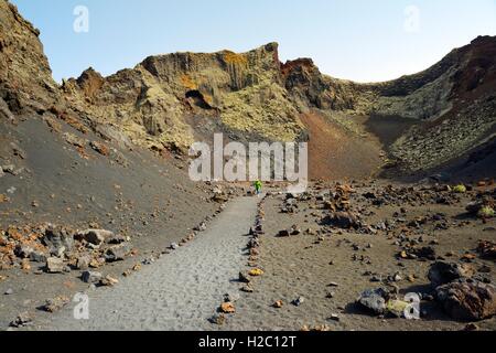 Inside the volcanic cone crater of Caldera de los Cuervos. Timanfaya National Park, Lanzarote, Canary Islands, Spain Stock Photo