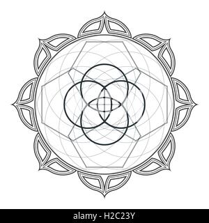 vector contour monochrome design mandala sacred geometry illustration seed of life hexagons lotus isolated white background Stock Vector