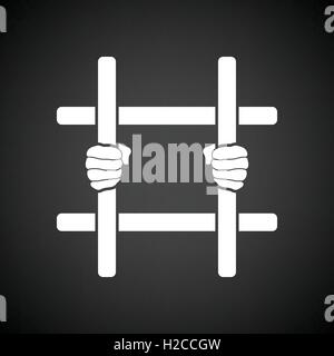 Hands holding prison bars icon. Black background with white. Vector illustration. Stock Vector