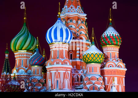 Upper part of  the Saint Basil's Cathedral at the Red Square in Moscow - well known landmark - illuminated by streetlight Stock Photo