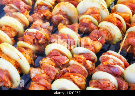 Close up picture of a raw meat skewers with onions, garden barbecue, selective focus. Stock Photo