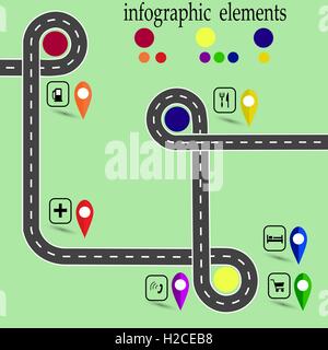 Road infographics. Highway with marked stops. Navigator. illustration Stock Vector