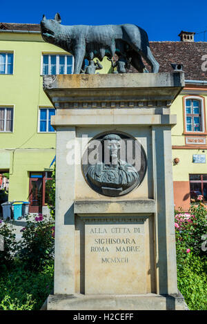 Capitoline Wolf statue with Romulus and Remus twins in Sighisoara city, Transylvania region in Romania Stock Photo