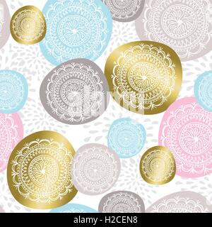 Christmas ornament seamless pattern in gold color with hand drawn flower mandala designs. EPS10 vector. Stock Vector