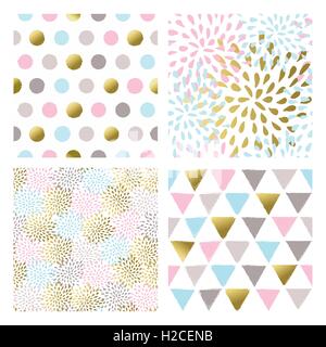 Set of modern backgrounds in gold pastel colors, seamless patterns with abstract geometric shapes and hand drawn decoration. Stock Vector