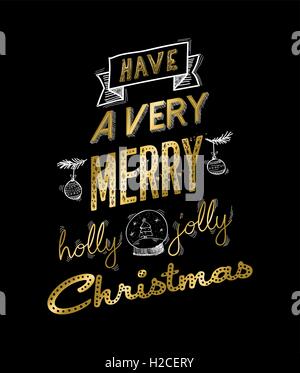 Merry christmas gold lettering handwritten design. Happy xmas text quote with ornament doodle drawings for holiday greeting card Stock Vector