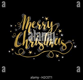 Merry christmas gold lettering design with stars. Xmas calligraphy text quote for holiday greeting card. EPS10 vector. Stock Vector