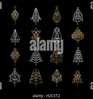 Set of abstract gold christmas pine trees icons with geometric holiday ornaments. EPS10 vector. Stock Vector