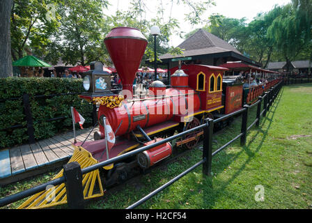 The well-known Centreville miniature train ride at Centreville amusement park on the Toronto Island park. Toronto Ontario Canada Stock Photo