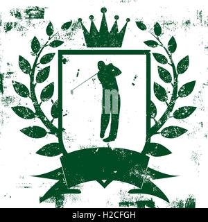 Golf Shield Insignia Golfer swinging a golf club on a shield with a crown, laurel wreath and a text banner. Stock Vector